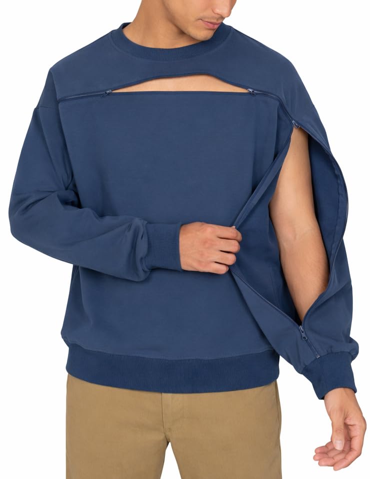 Cotton crewneck in Blue, sleeve zipper open