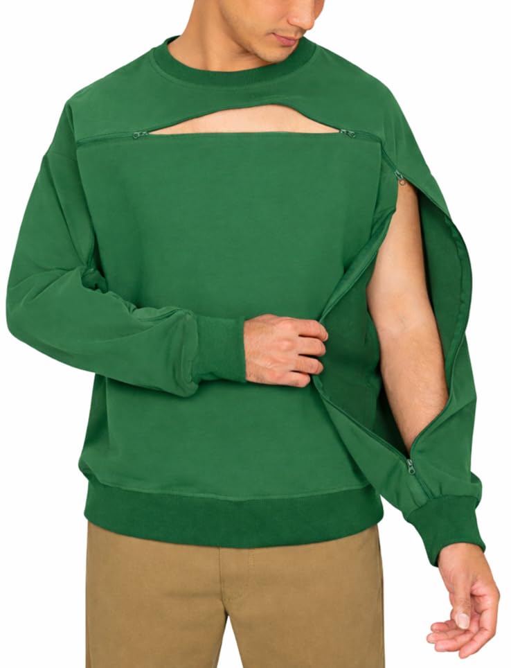 Cotton crewneck in Green, sleeve zipper open