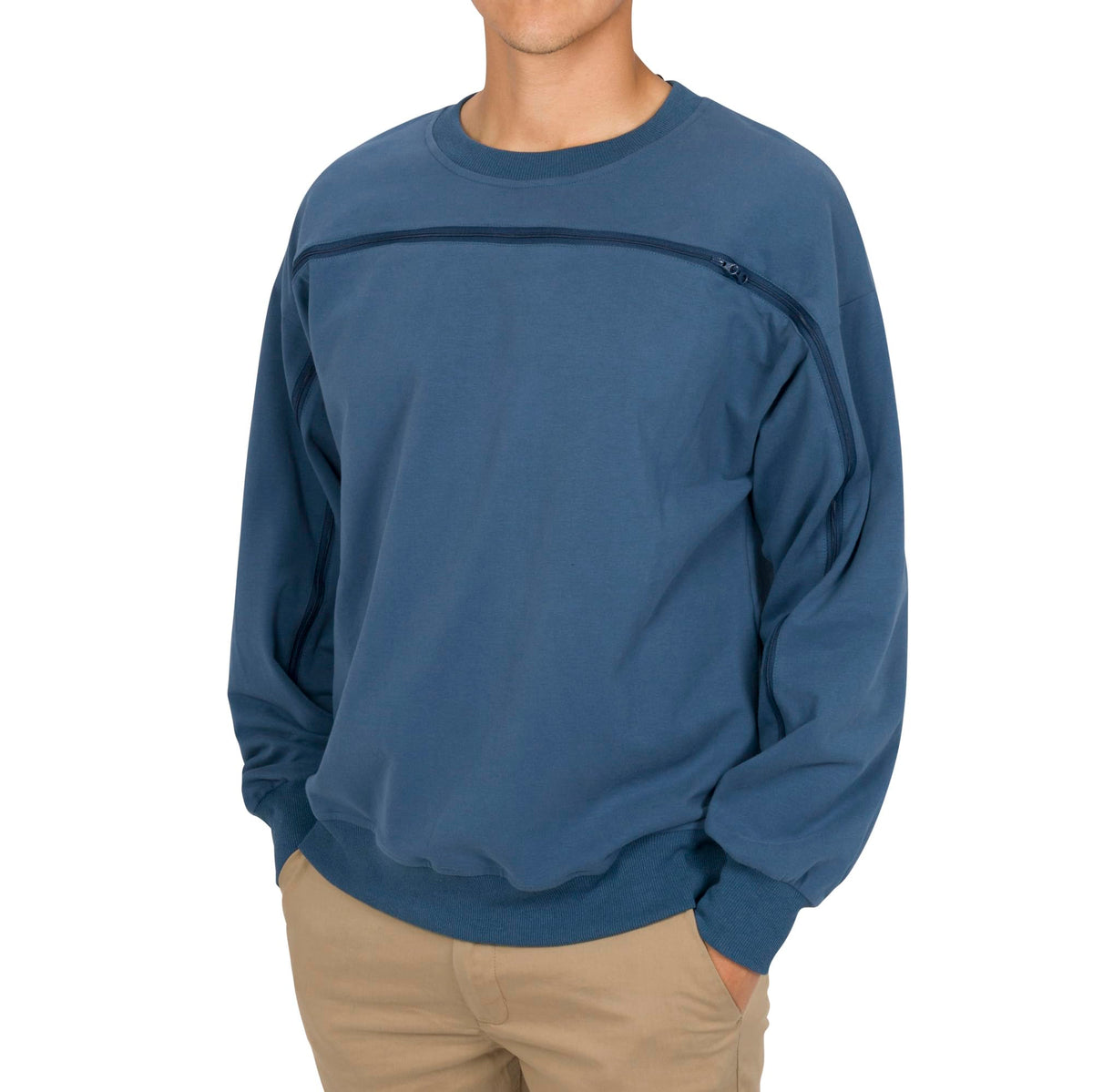 Cotton crewneck in Blue, zipper closed