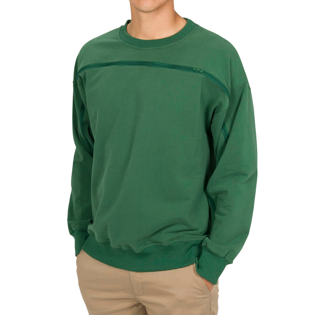 Cotton crewneck in Green, zipper closed