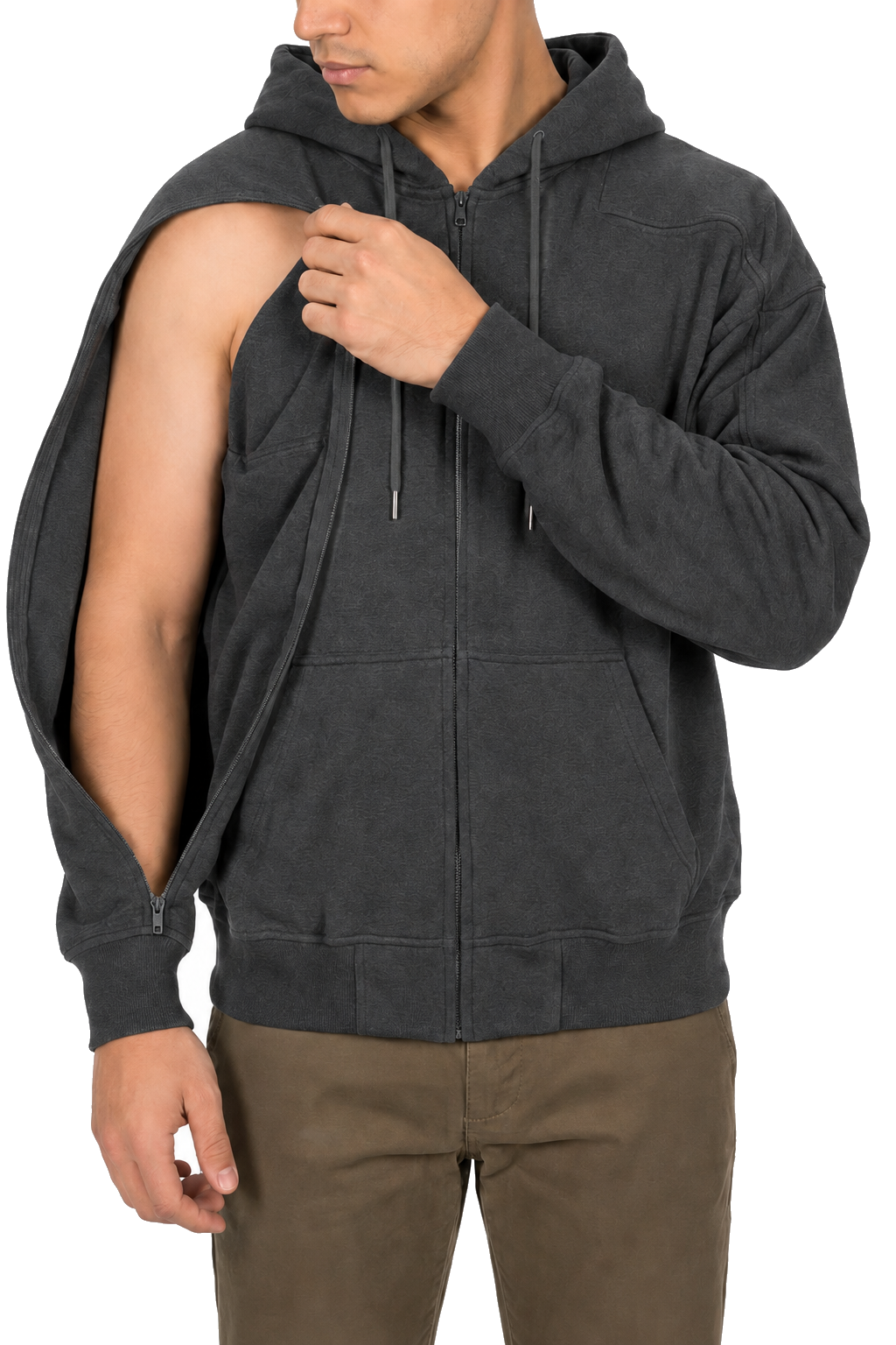 Cotton full-zip hoodie in Gray, sleeve zipper open