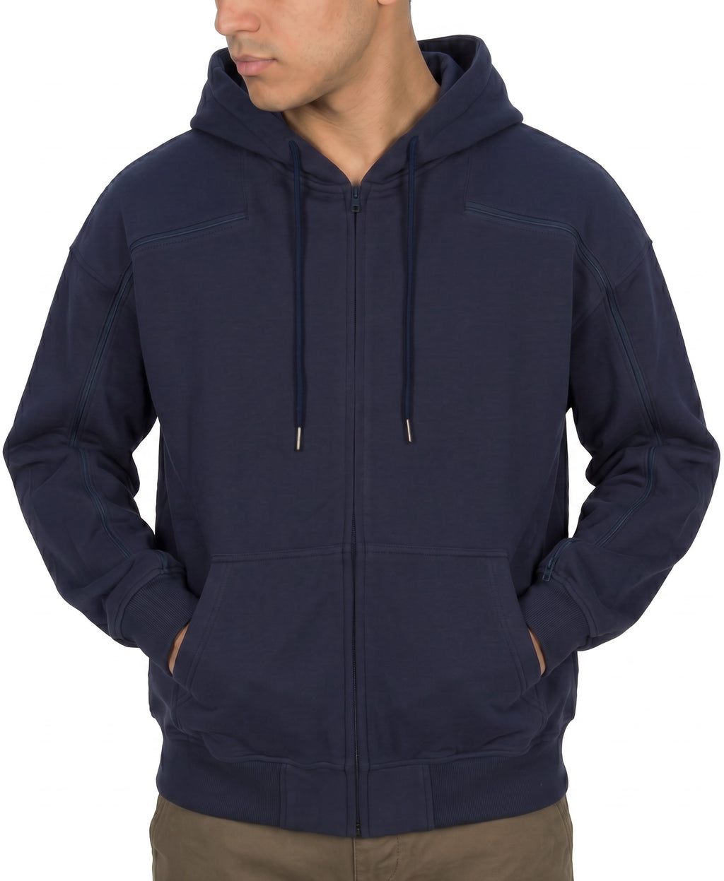 Cotton full-zip hoodie in Navy, zipper closed
