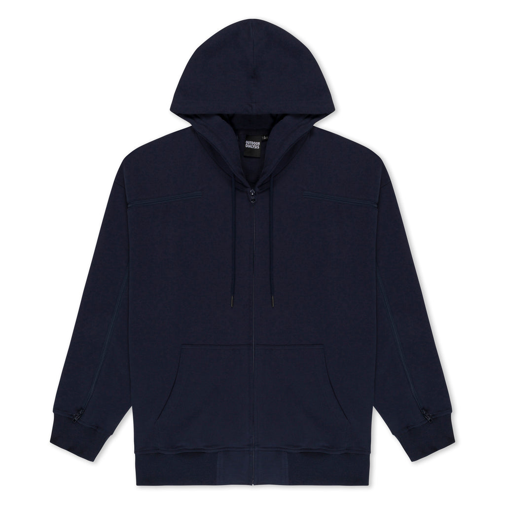 Cotton full-zip hoodie in Navy, laid flat