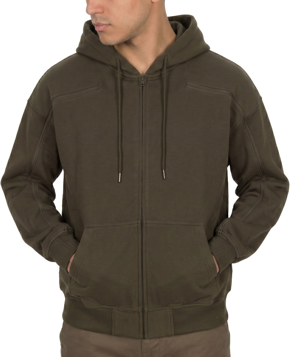 Cotton full-zip hoodie in Olive, zipper closed