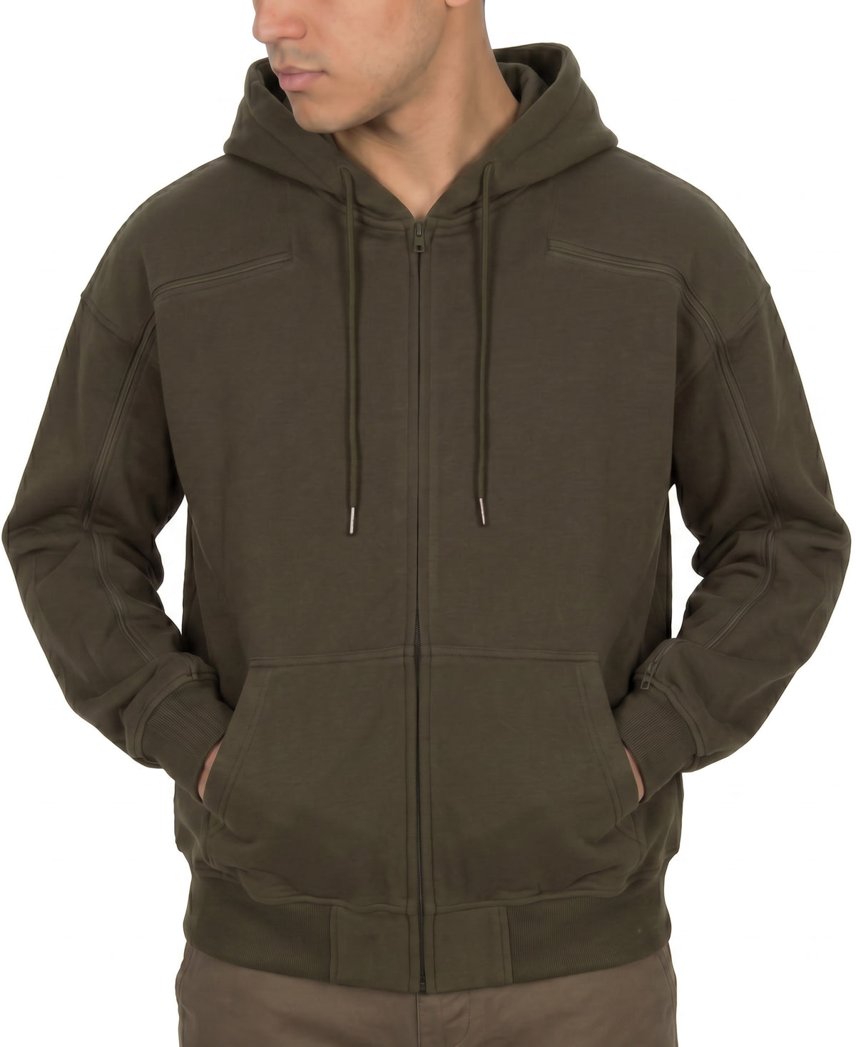 Cotton full-zip hoodie in Olive, zipper closed