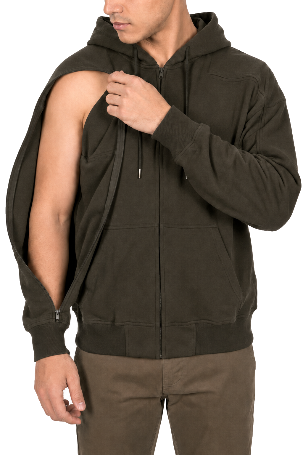 Cotton full-zip hoodie in Olive, sleeve zipper open
