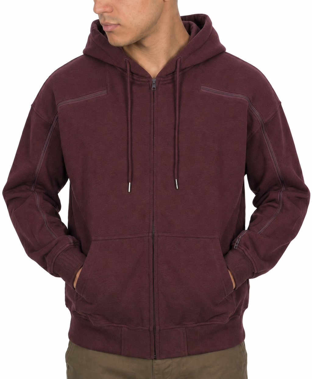 Cotton full-zip hoodie in Red, zipper closed