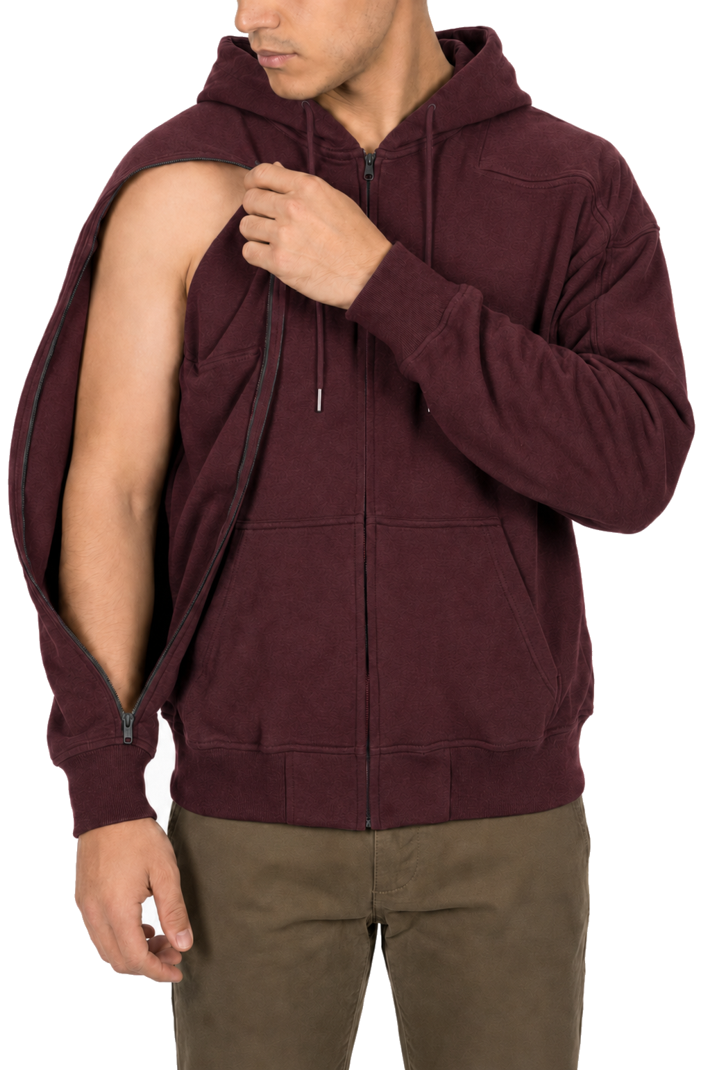 Cotton full-zip hoodie in Red, sleeve zipper open