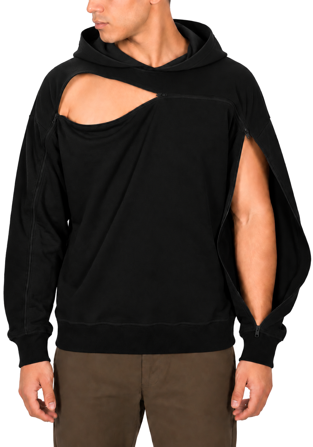 Cotton pullover hoodie in Black, sleeve zipper open