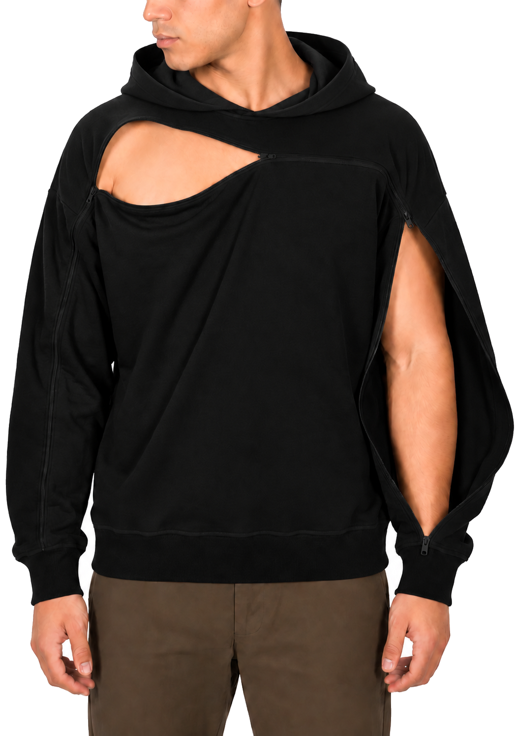 Cotton pullover hoodie in Black, sleeve zipper open