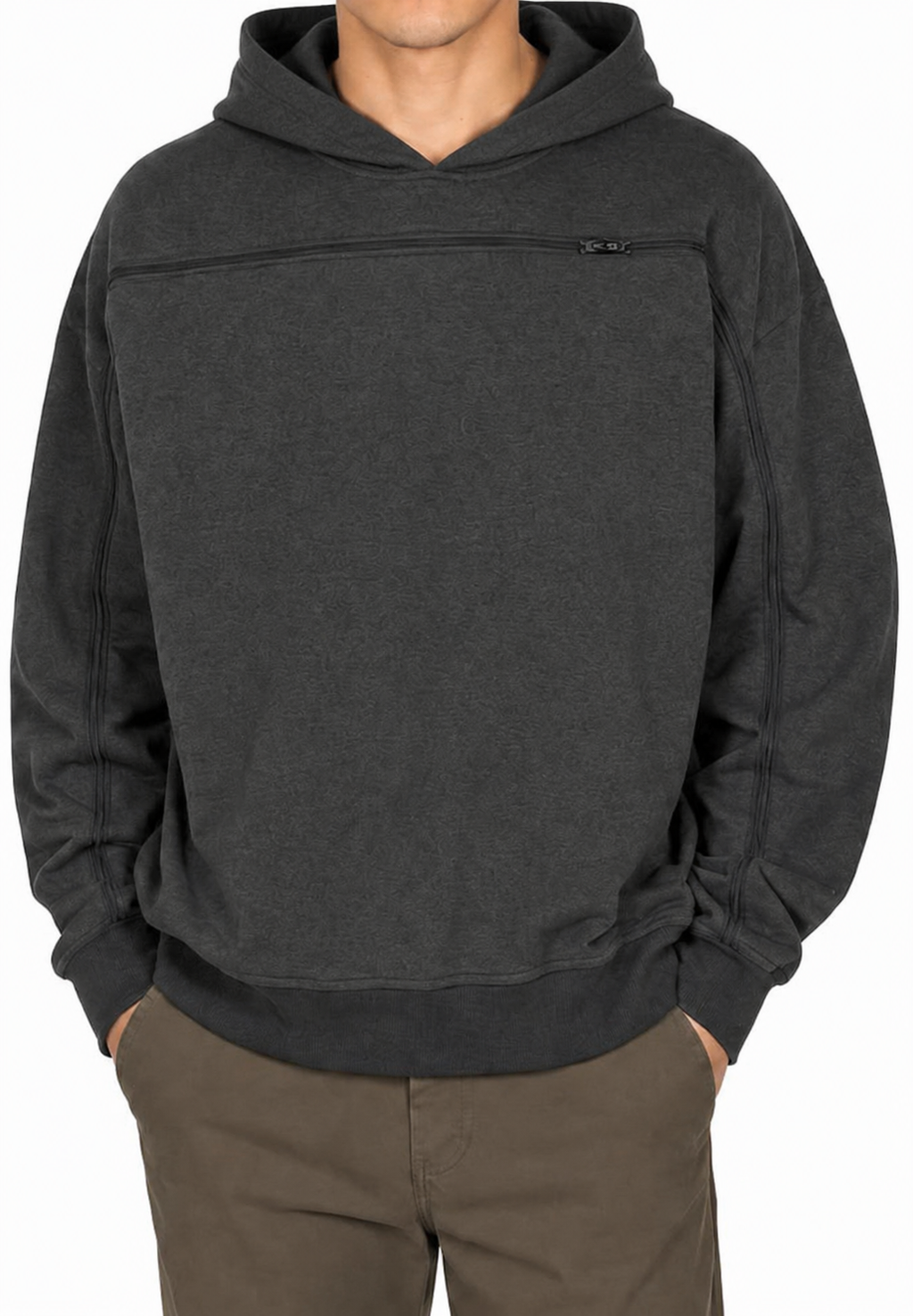 Cotton pullover hoodie in Gray, zipper closed