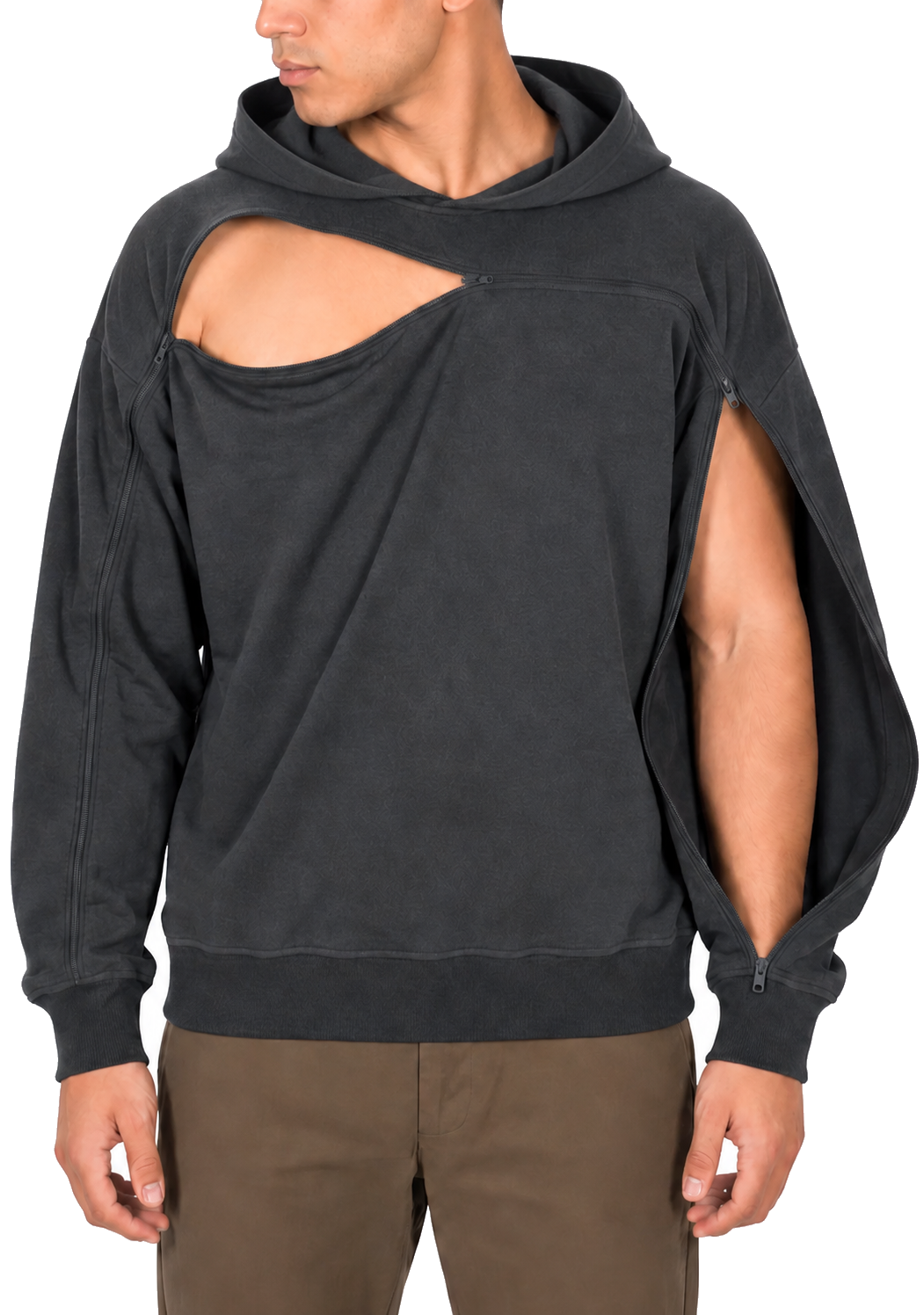 Cotton pullover hoodie in Gray, sleeve zipper open