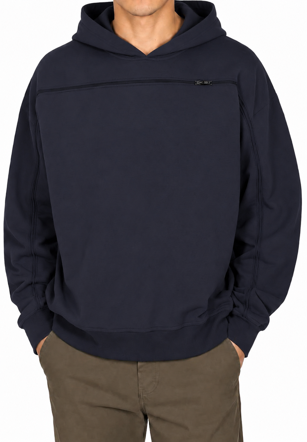 Cotton pullover hoodie in Navy, zipper closed