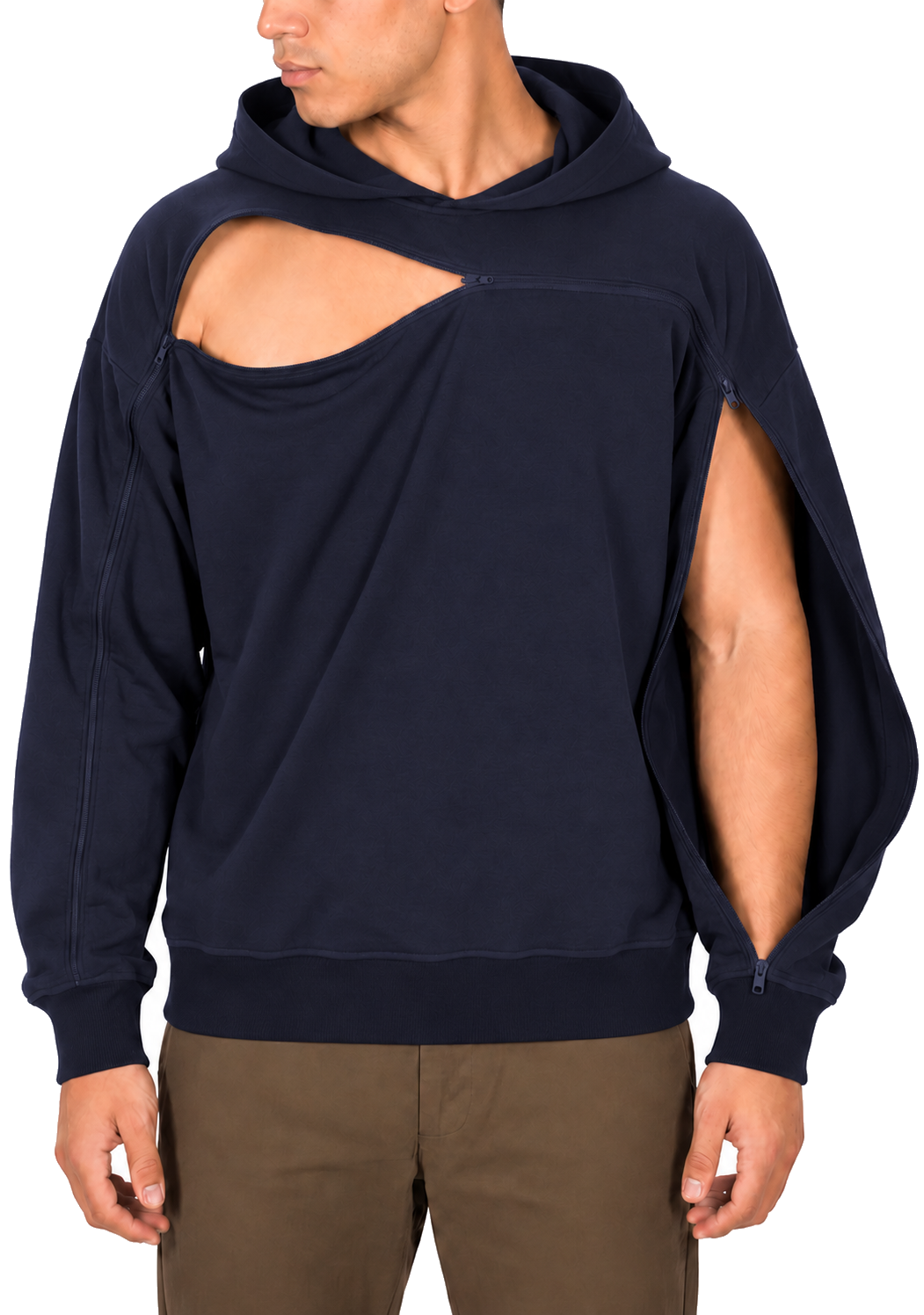 Cotton pullover hoodie in Navy, sleeve zipper open