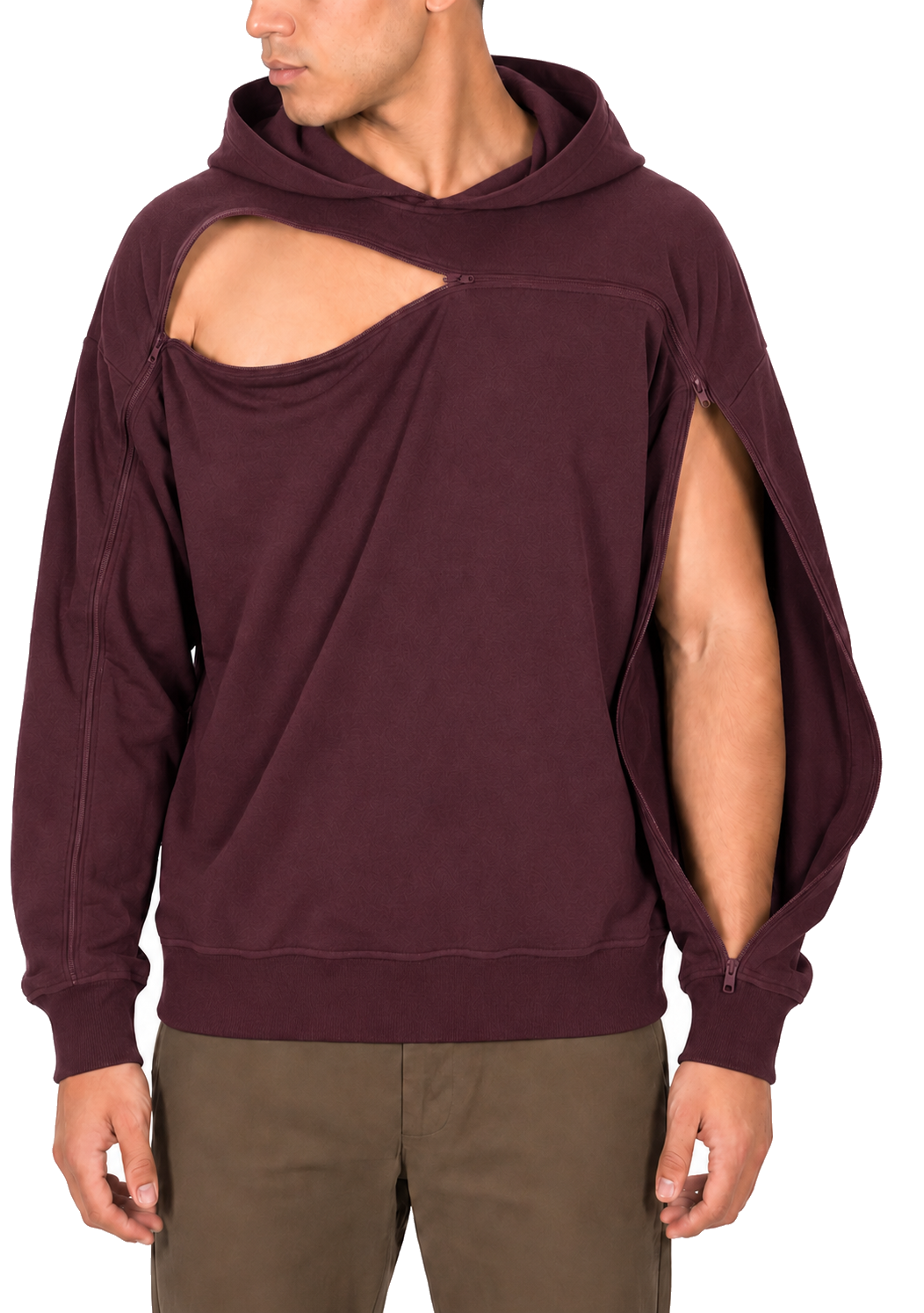 Cotton pullover hoodie in Red, sleeve zipper open