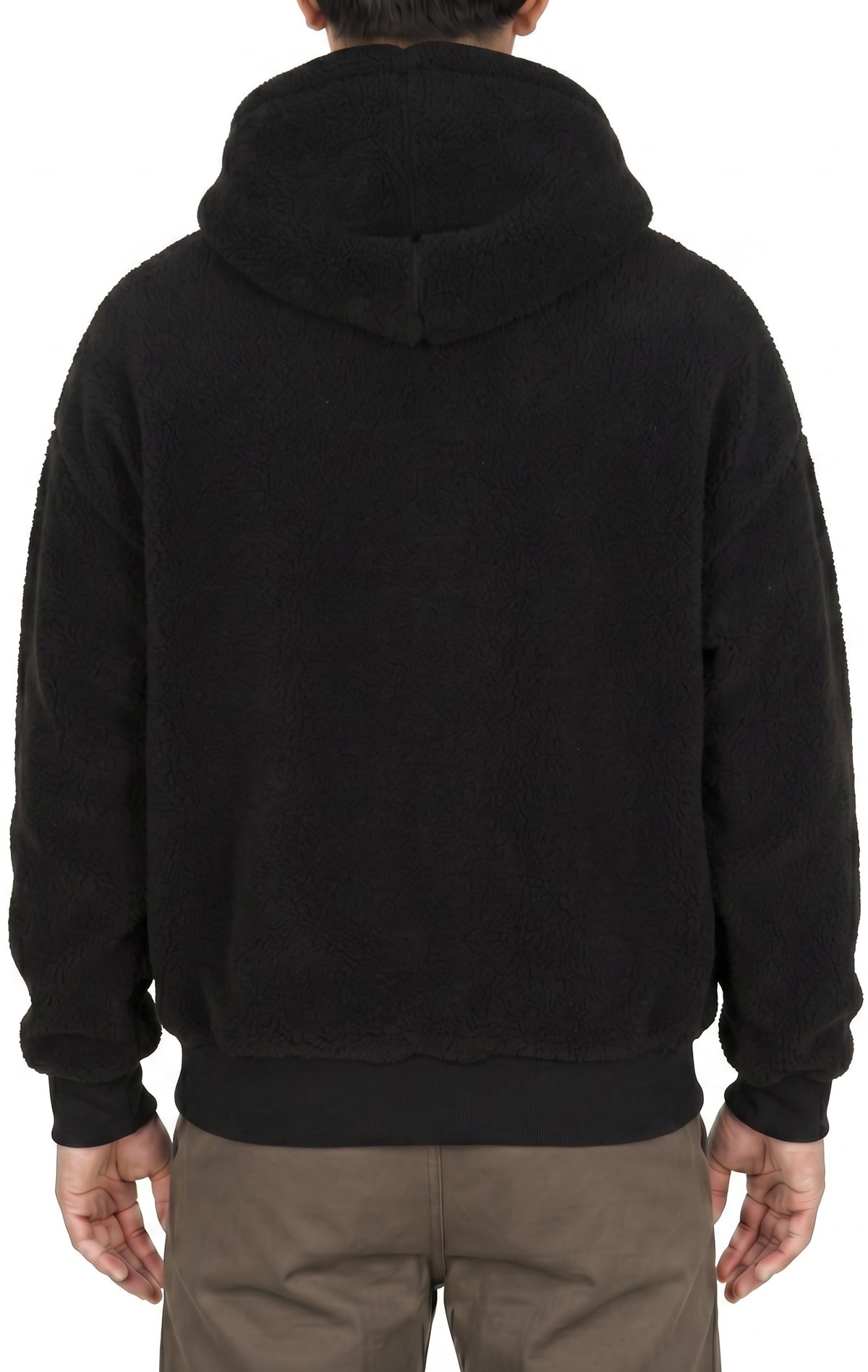 Sherpa fleece hoodie in Black, back view