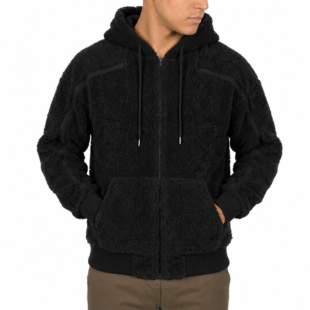 Sherpa fleece hoodie in Black, zipper closed