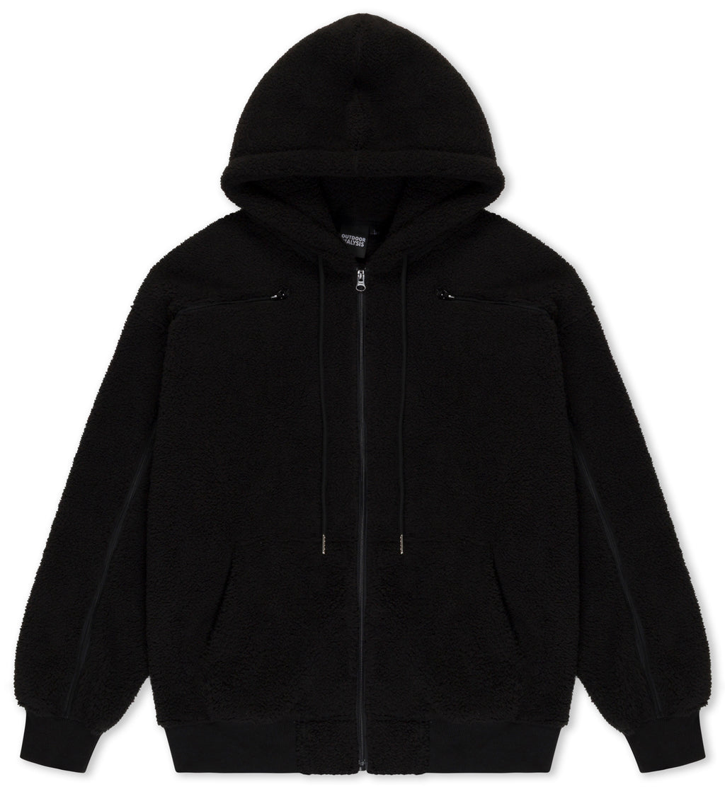 Sherpa fleece hoodie in Black, laid flat