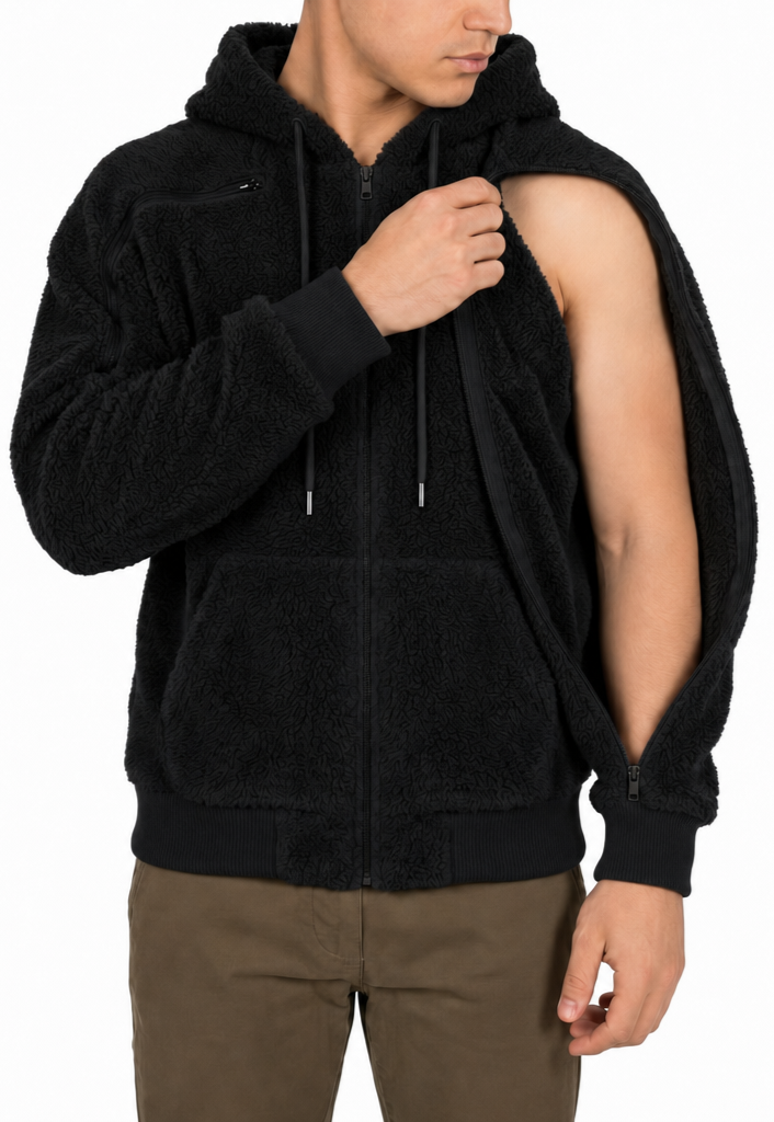Sherpa fleece hoodie in Black, sleeve zipper open