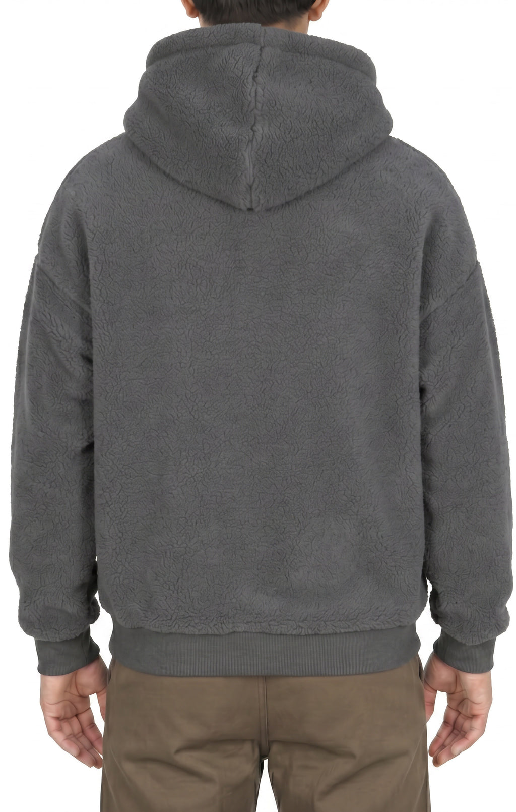 Sherpa fleece hoodie in Gray, back view