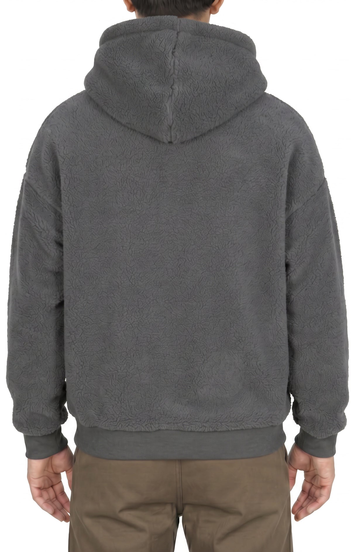Sherpa fleece hoodie in Gray, back view