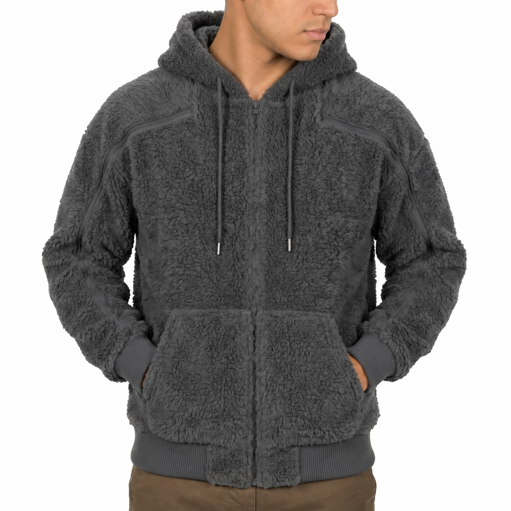 Sherpa fleece hoodie in Gray, zipper closed