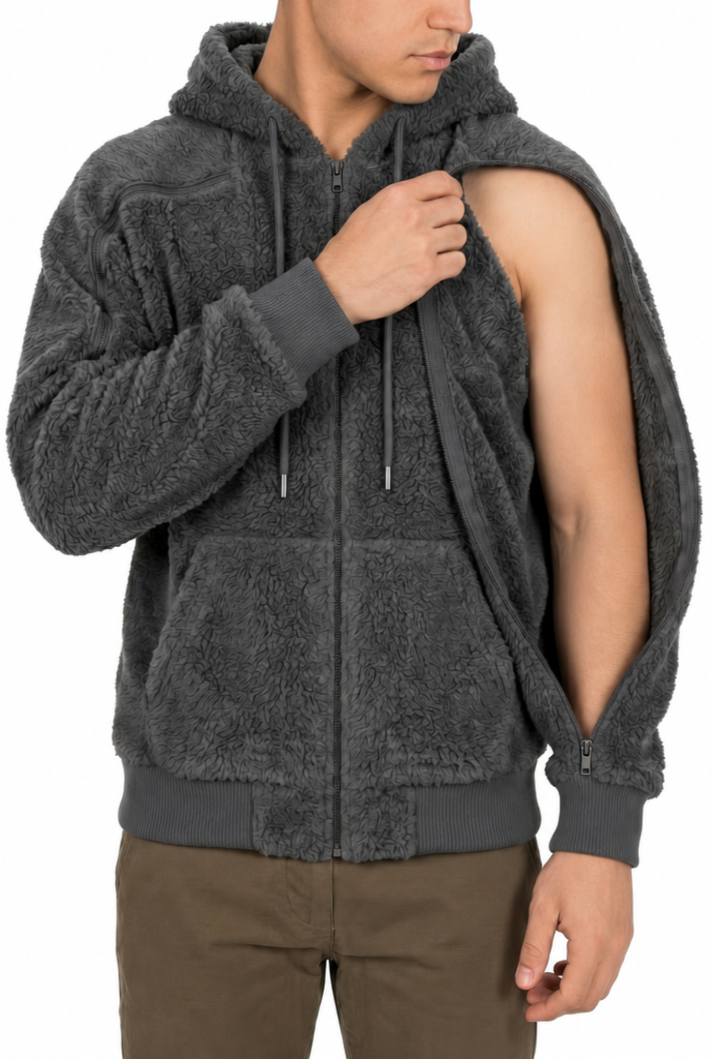 Sherpa fleece hoodie in Gray, sleeve zipper open