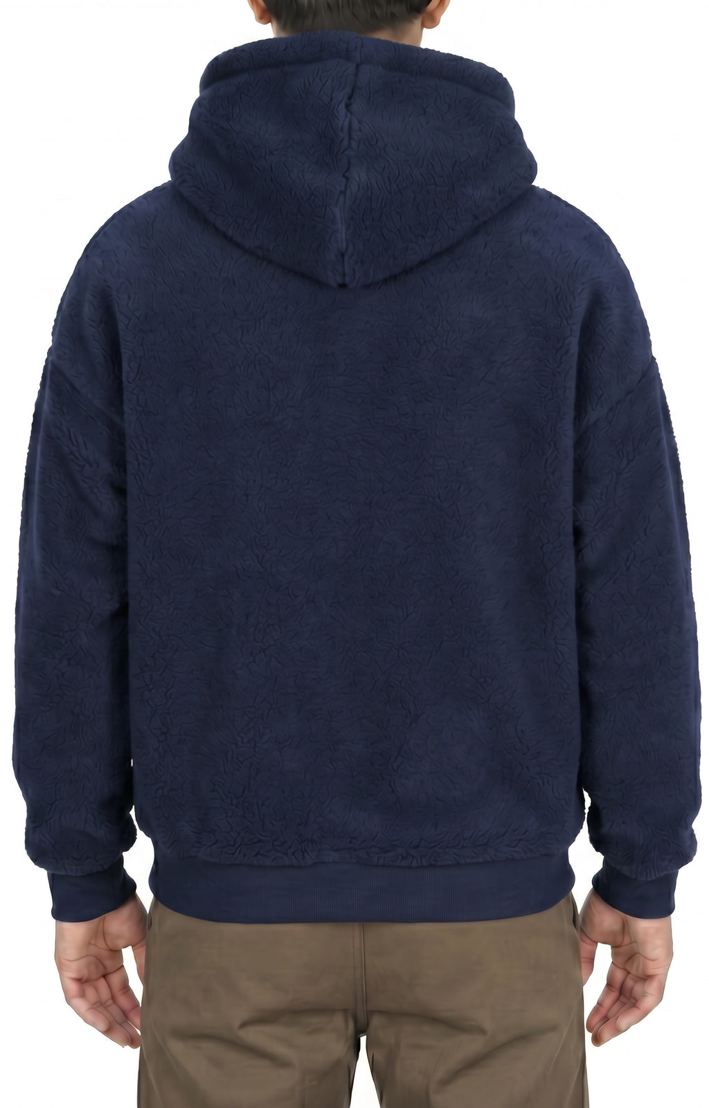 Sherpa fleece hoodie in Navy, back view