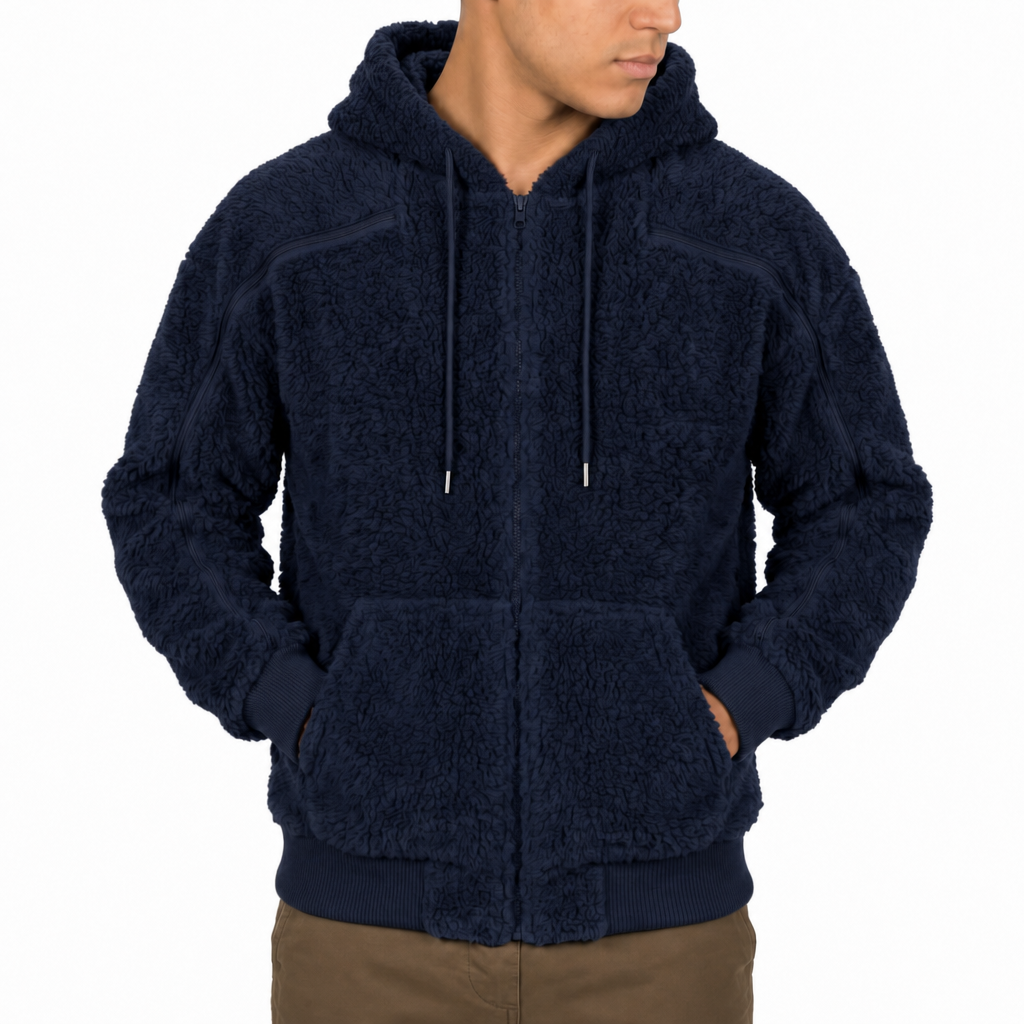 Sherpa fleece hoodie in Navy, zipper closed