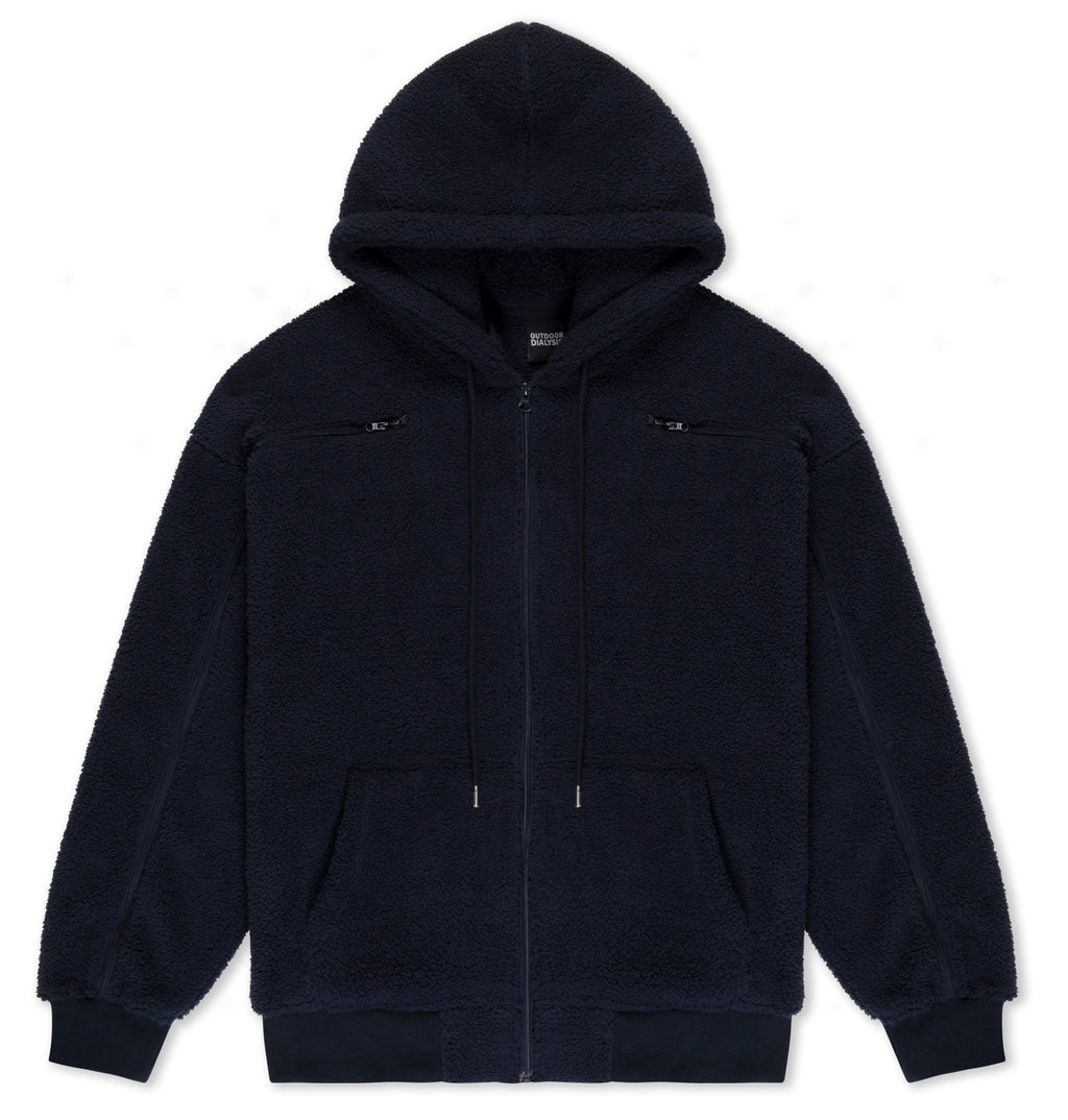 Sherpa fleece hoodie in Navy, laid flat