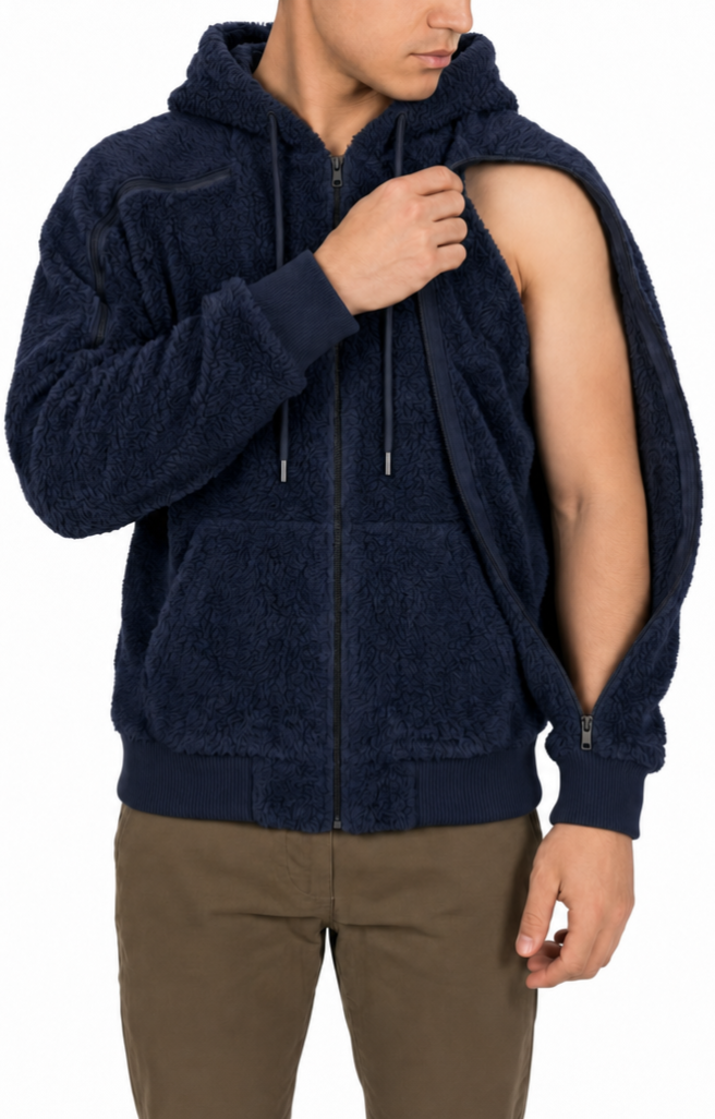 Sherpa fleece hoodie in Navy, sleeve zipper open
