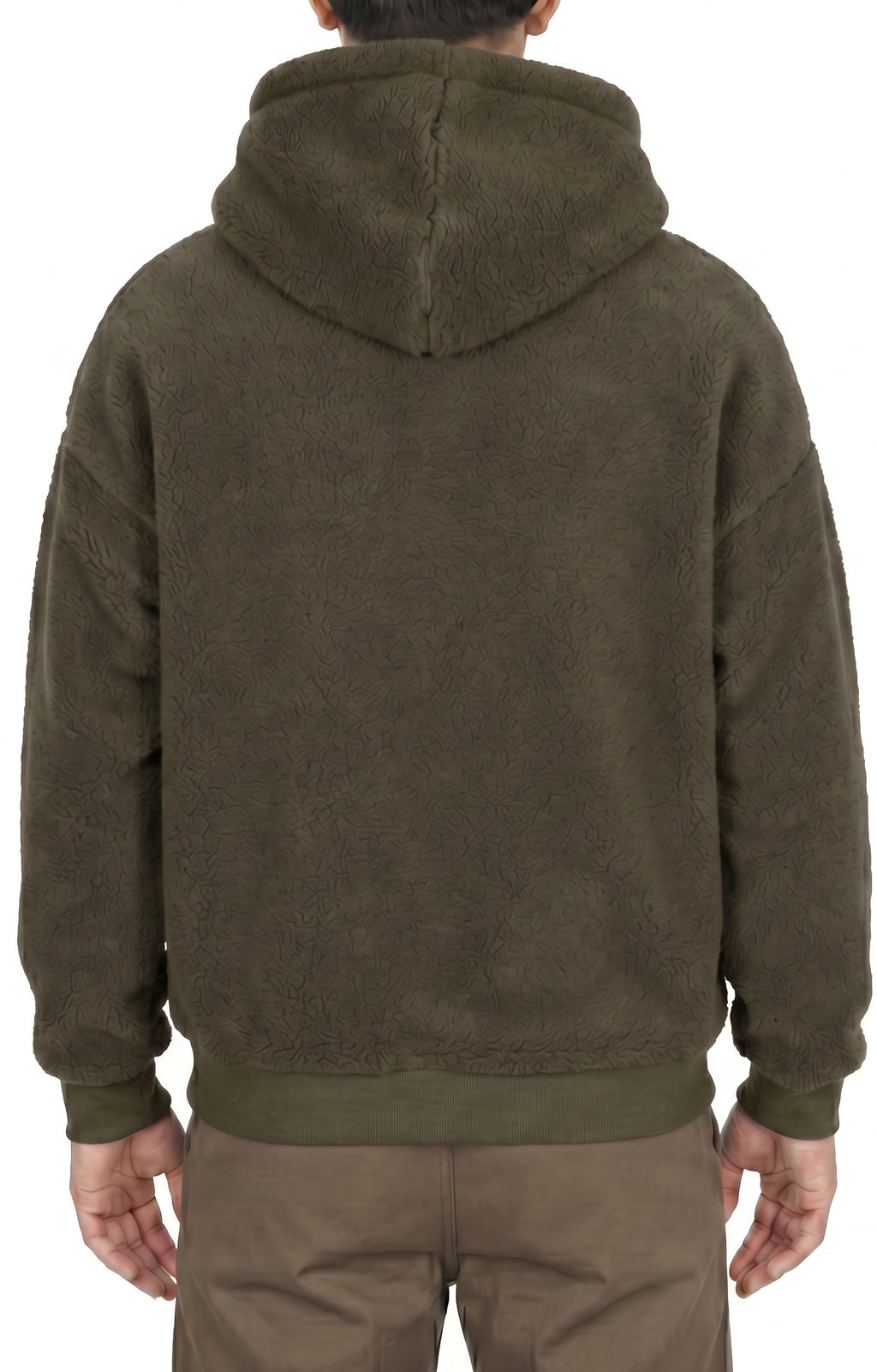 Sherpa fleece hoodie in Olive, back view