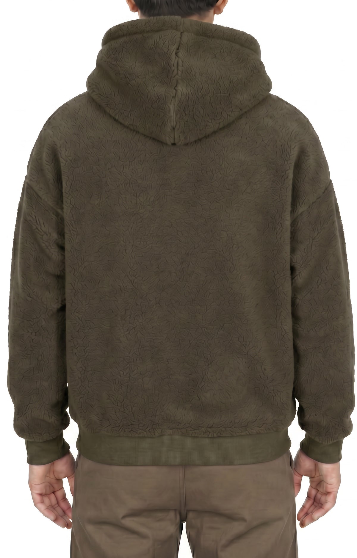 Sherpa fleece hoodie in Olive, back view