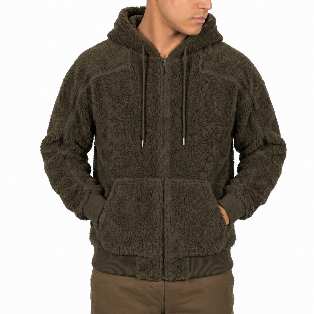 Sherpa fleece hoodie in Olive, zipper closed
