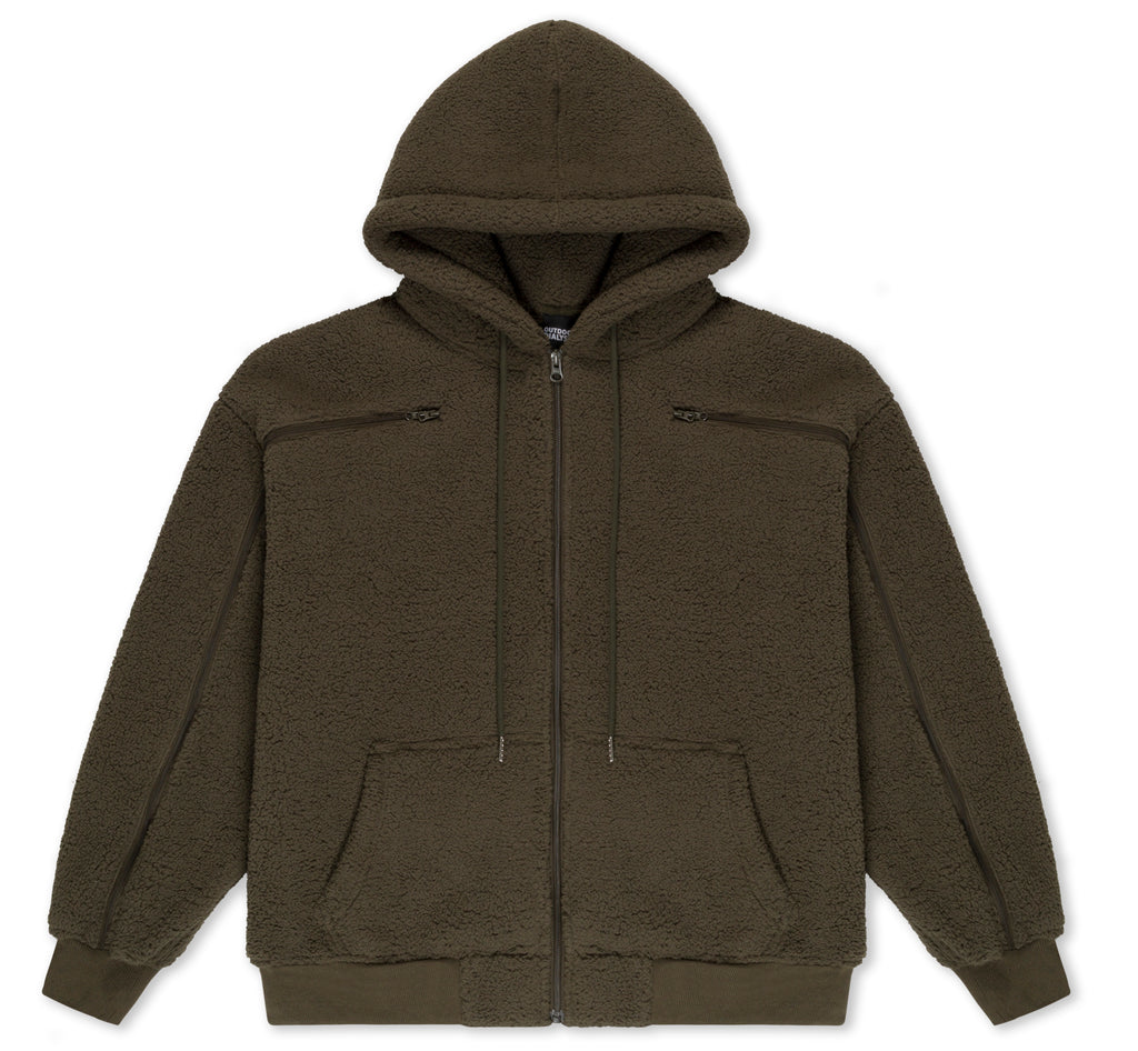 Sherpa fleece hoodie in Olive, laid flat