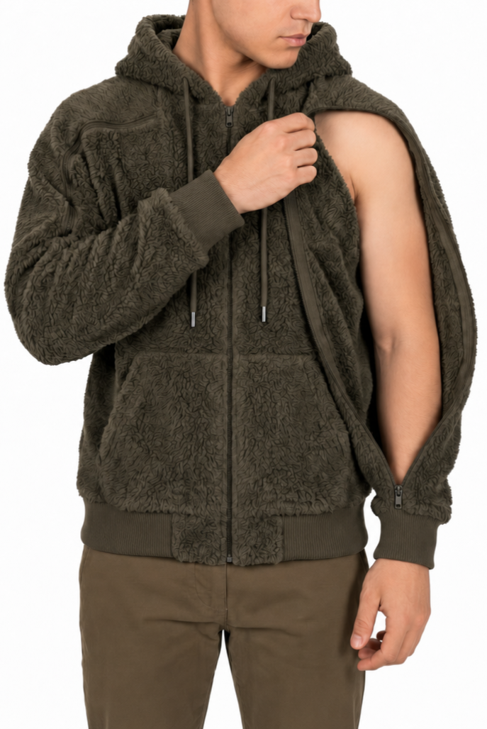 Sherpa fleece hoodie in Olive, sleeve zipper open