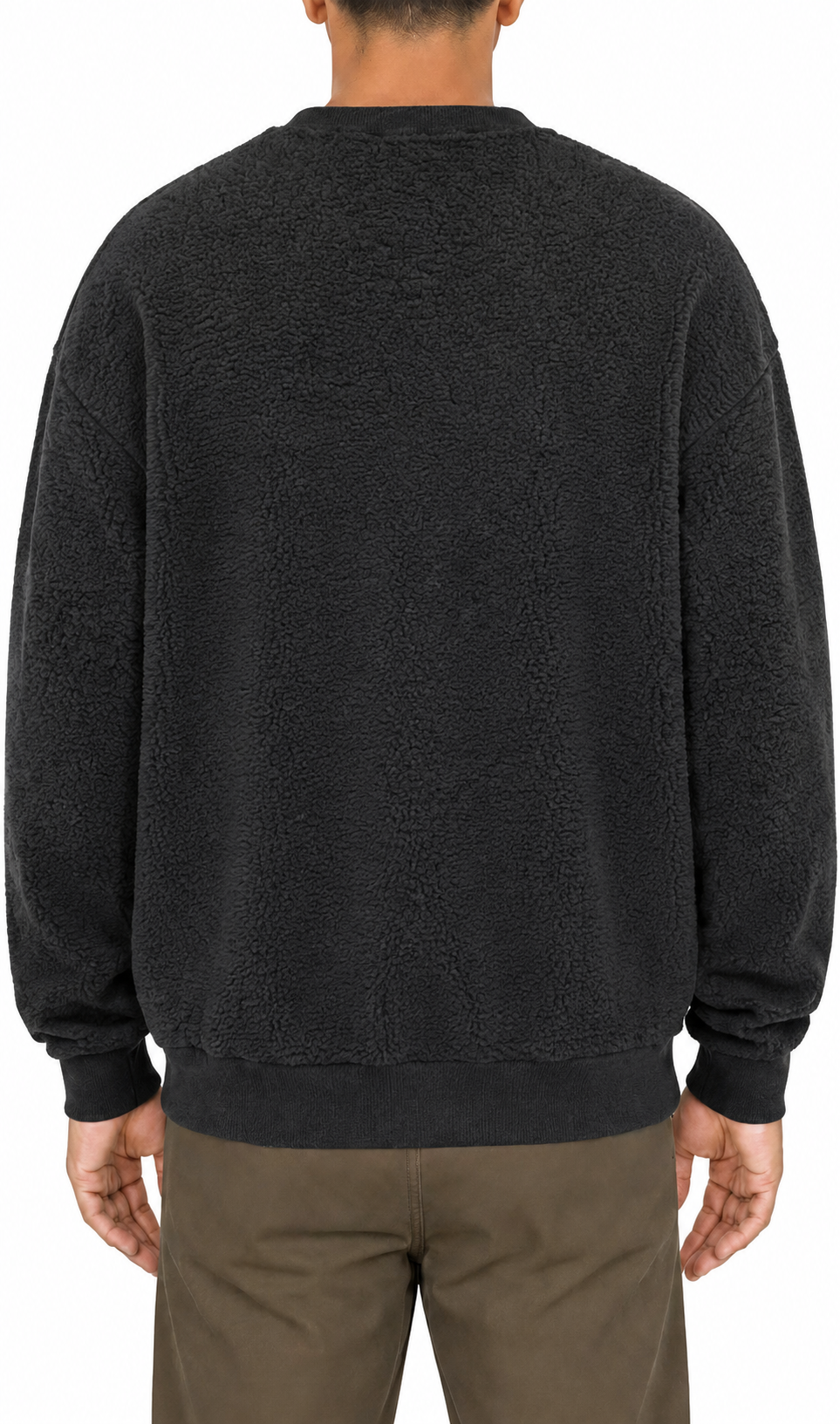 Sherpa fleece crewneck in Black, back view