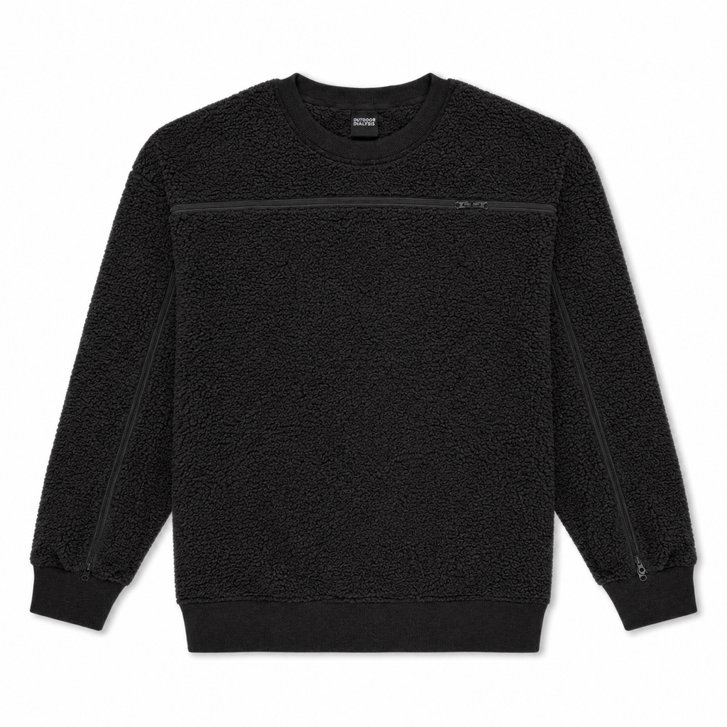 Sherpa fleece crewneck in Black, laid flat