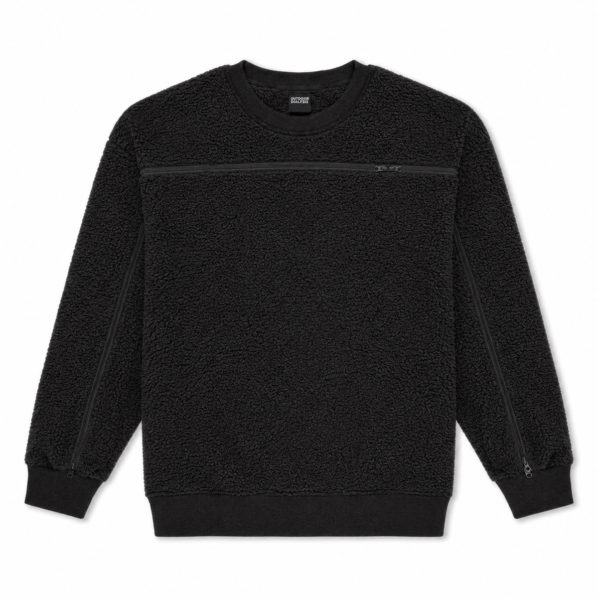 Sherpa fleece crewneck in Black, laid flat