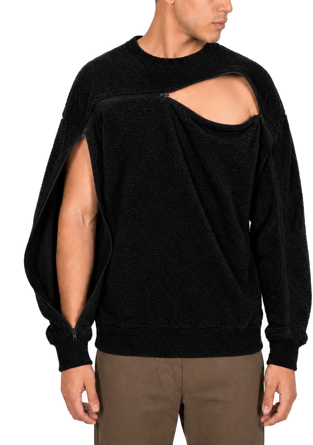 Sherpa fleece crewneck in Black, sleeve zipper open