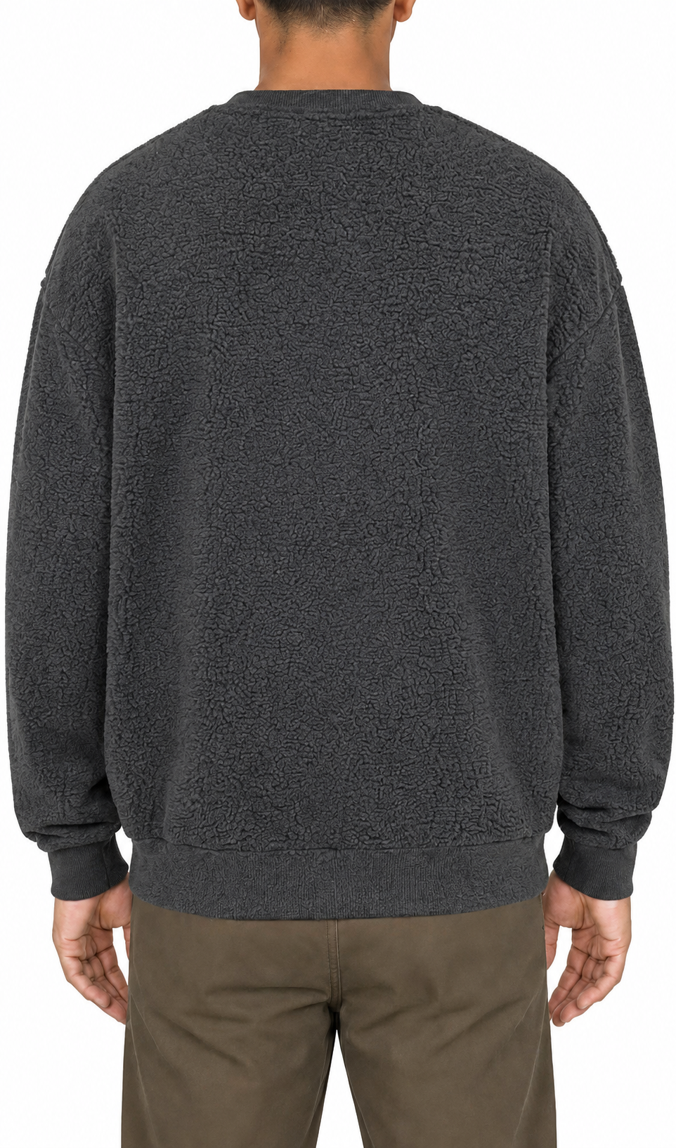 Sherpa fleece crewneck in Gray, back view