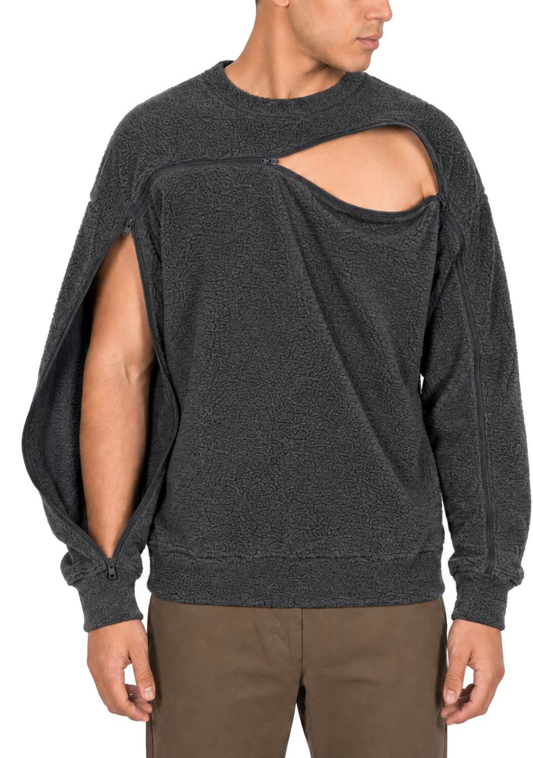 Sherpa fleece crewneck in Gray, sleeve zipper open