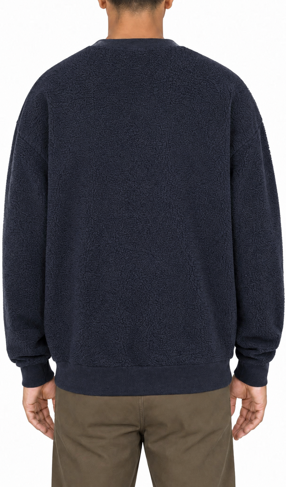 Sherpa fleece crewneck in Navy, back view