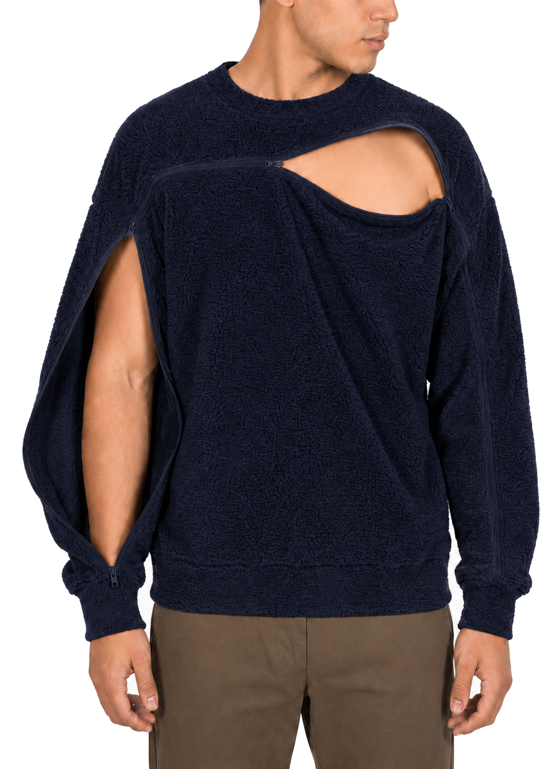Sherpa fleece crewneck in Navy, sleeve zipper open