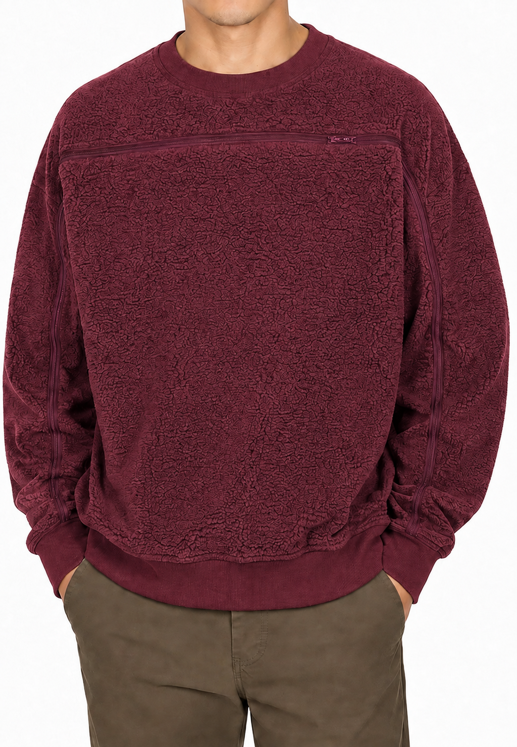 Sherpa fleece crewneck in Red, zipper closed