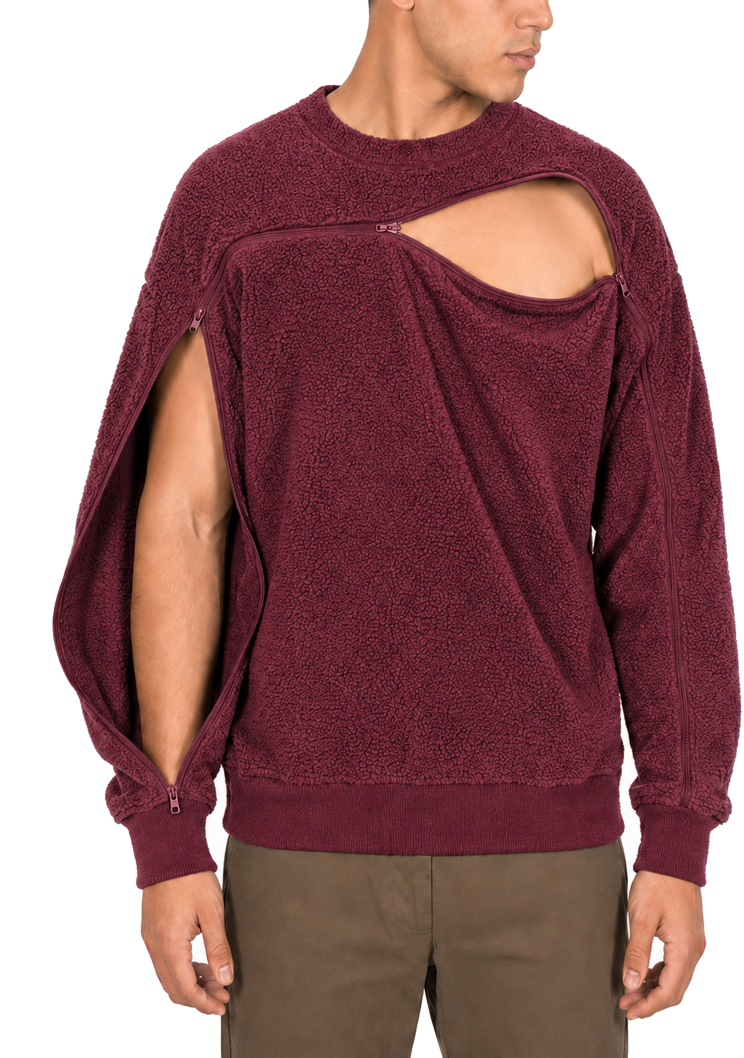 Sherpa fleece crewneck in Red, sleeve zipper open