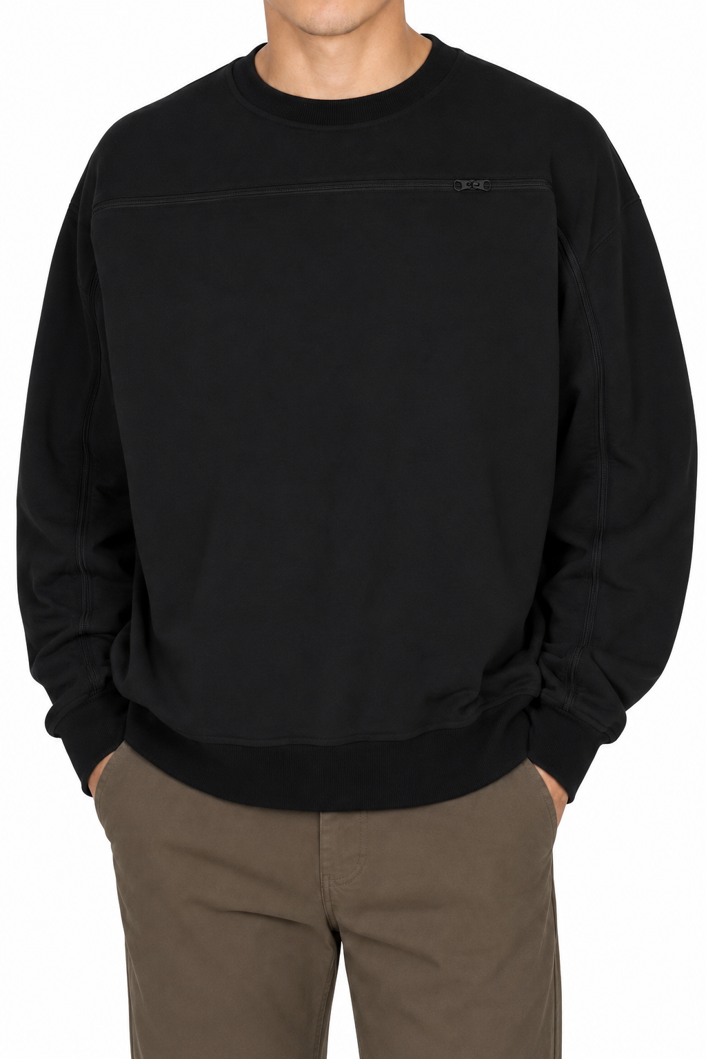 Cotton crewneck in Black, zipper closed