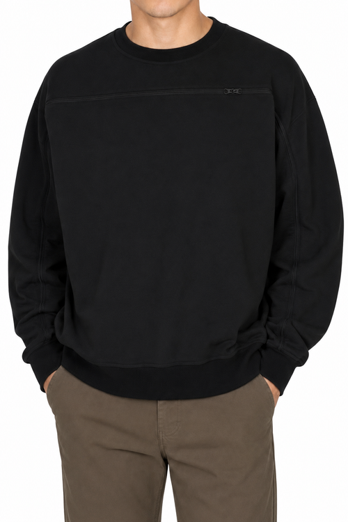Cotton crewneck in Black, zipper closed