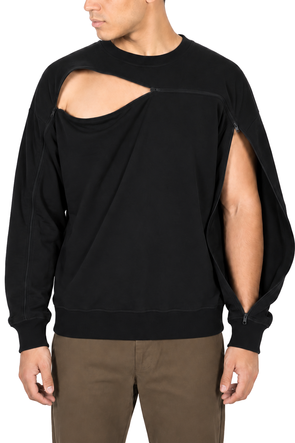 Cotton crewneck in Black, sleeve zipper open