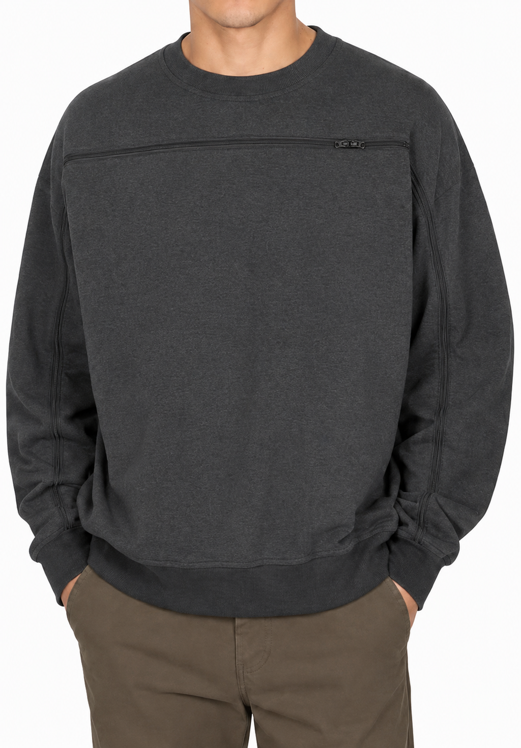 Cotton crewneck in Gray, zipper closed